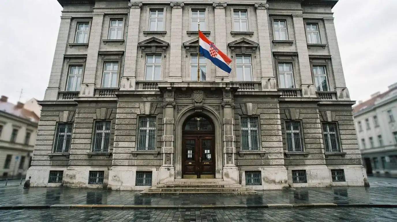 Pročelje zagrebačke ministarske zgrade od sivog kamena s visokim vratima i zastavom, oblačno nebo iznad.