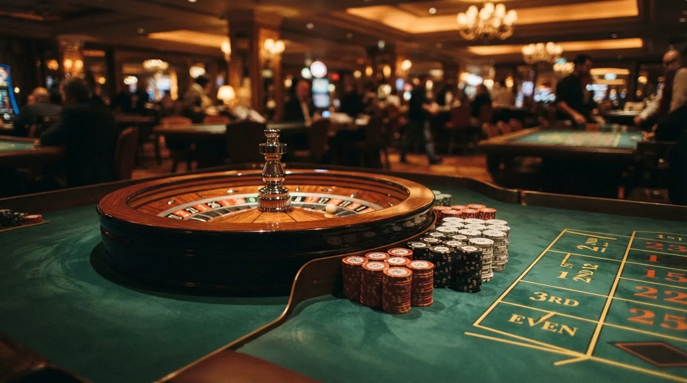 Kotač ruleta i žetoni na zelenom suknu pod toplim večernjim svjetlom — besplatni casina u hrvatskoj