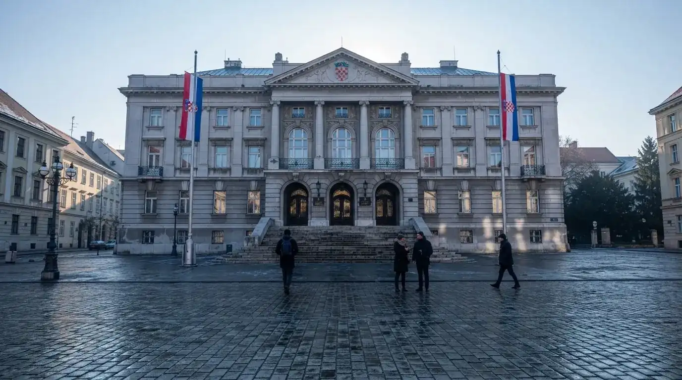 Trg ispred državne zgrade s hrvatskom zastavom, ljudi prolaze u zimskim kaputima, hladno jutarnje svjetlo.