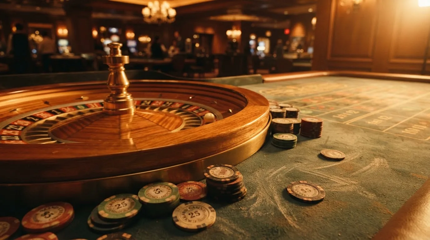 Kotač ruleta i žetoni na zelenom suknu pod toplim večernjim svjetlom — blackjack casina u hrvatskoj