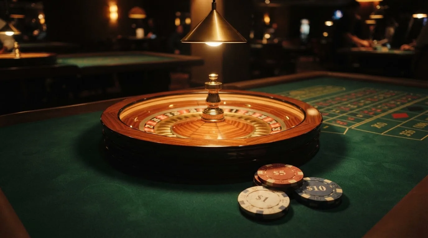 Kotač ruleta i žetoni na zelenom suknu pod toplim večernjim svjetlom — bonusi bez depozita u kasinu