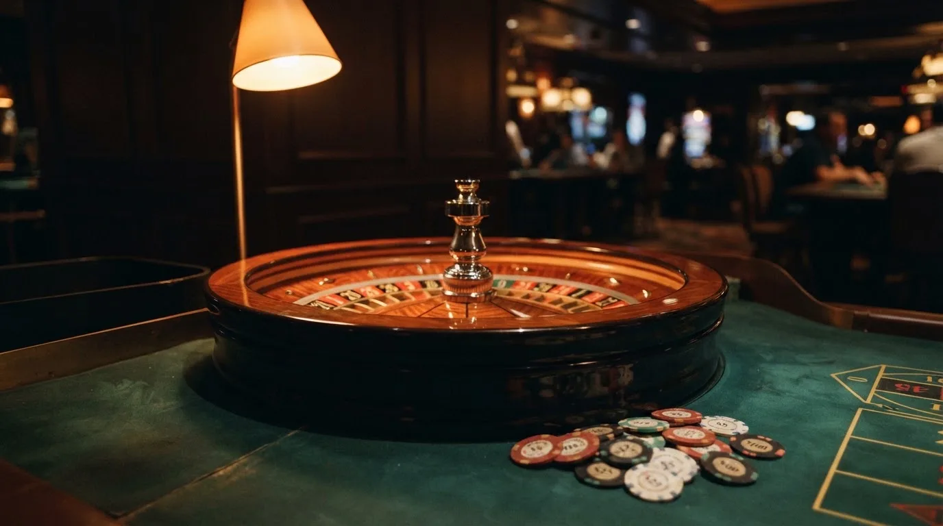 Kotač ruleta i žetoni na zelenom suknu pod toplim večernjim svjetlom — casina za android u hrvatskoj