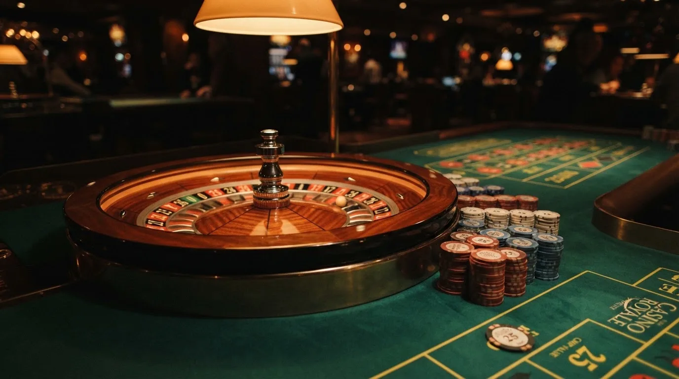 Kotač ruleta i žetoni na zelenom suknu pod toplim večernjim svjetlom — casina za iphone u hrvatskoj
