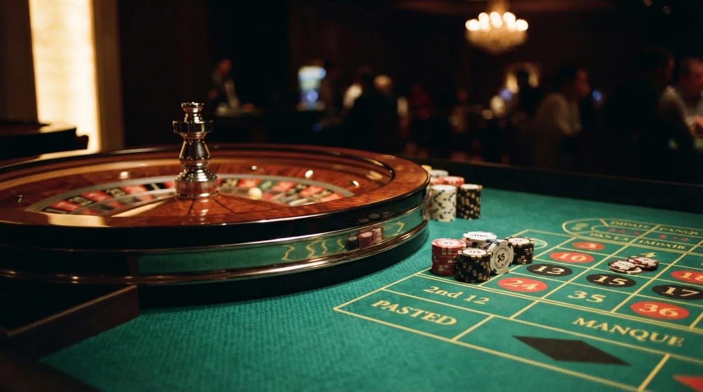 Kotač ruleta i žetoni na zelenom suknu pod toplim večernjim svjetlom — casino aparati u hrvatskoj
