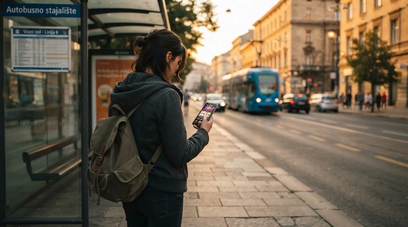 Osoba na autobusnoj stanici u Zagrebu čeka autobus i drži mobitel u ruci, kasno poslijepodne.