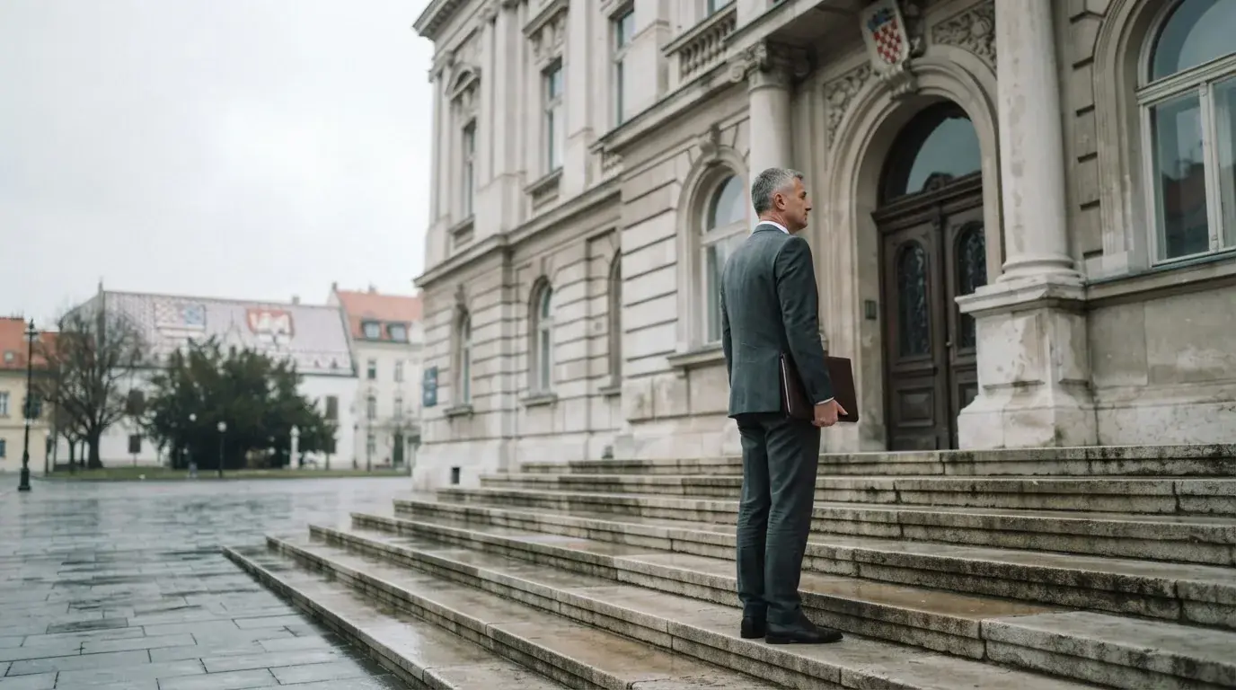 Službenik u sivom odijelu stoji ispred državne zgrade u Zagrebu s mapom pod rukom, oblačan dan.