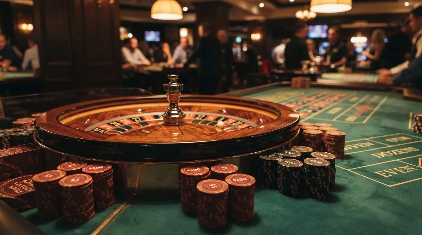 Kotač ruleta i žetoni na zelenom suknu pod toplim večernjim svjetlom — casino bez registracije u hrvatskoj