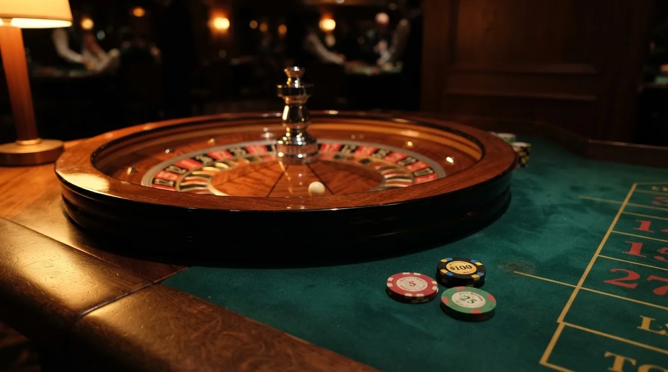 Kotač ruleta i žetoni na zelenom suknu pod toplim večernjim svjetlom — casino igre u hrvatskoj