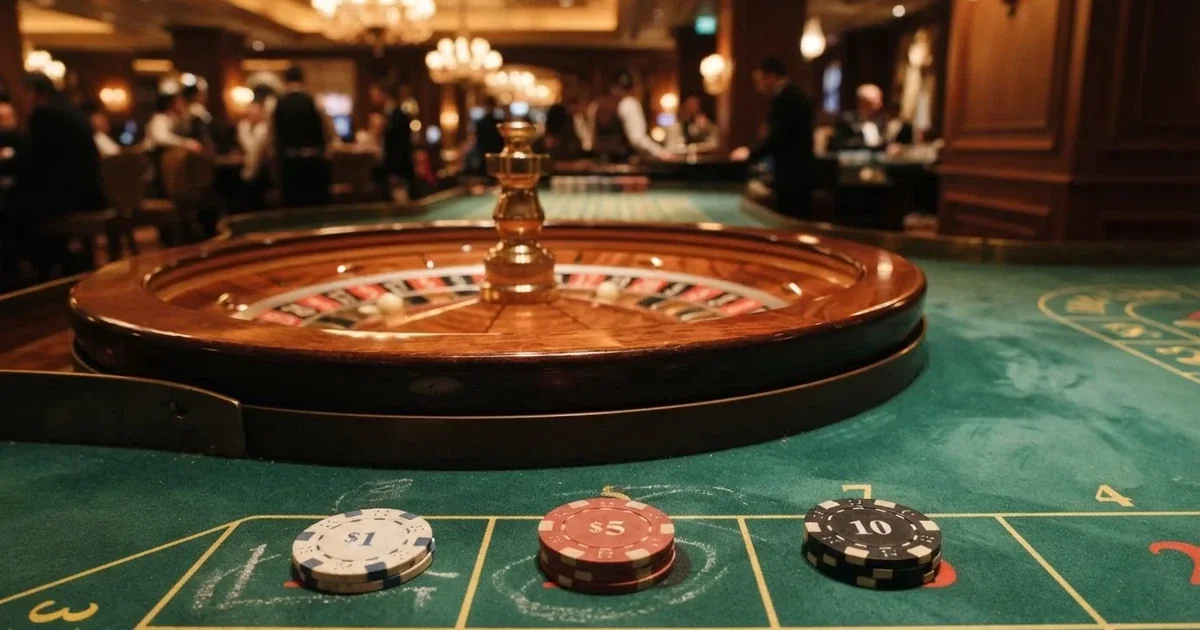 Kotač ruleta i žetoni na zelenom suknu pod toplim večernjim svjetlom — casino lutrija u hrvatskoj