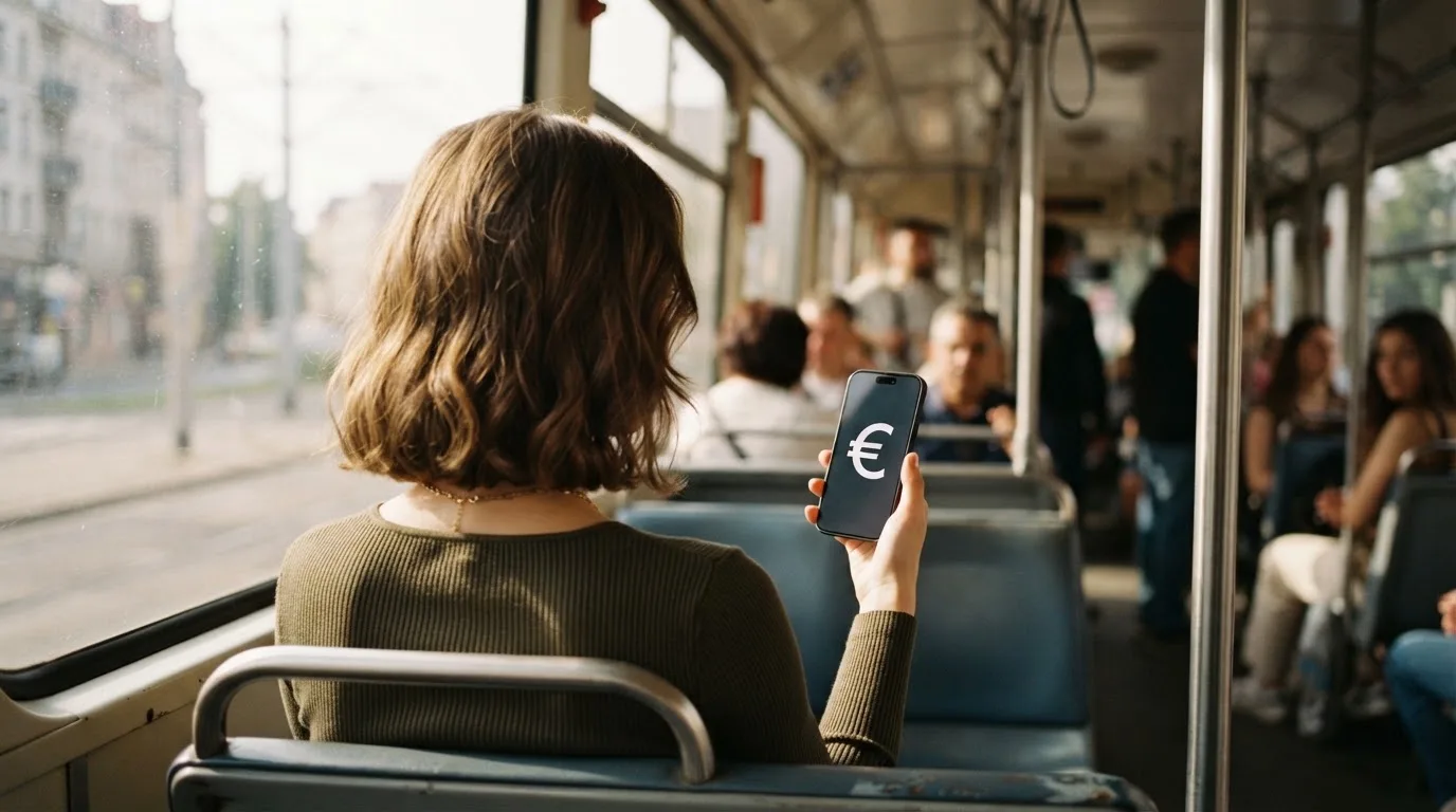 Žena u zagrebačkom tramvaju drži pametni telefon, putnici u pozadini zamućeni, dnevno svjetlo kroz prozore.