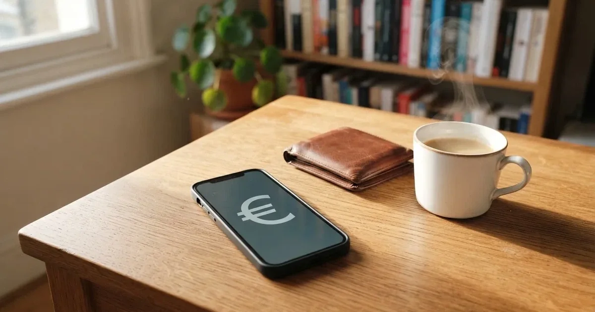 Mobitel na drvenom stolu pokraj novčanika i šalice kave — casino s apple pay u hrvatskoj