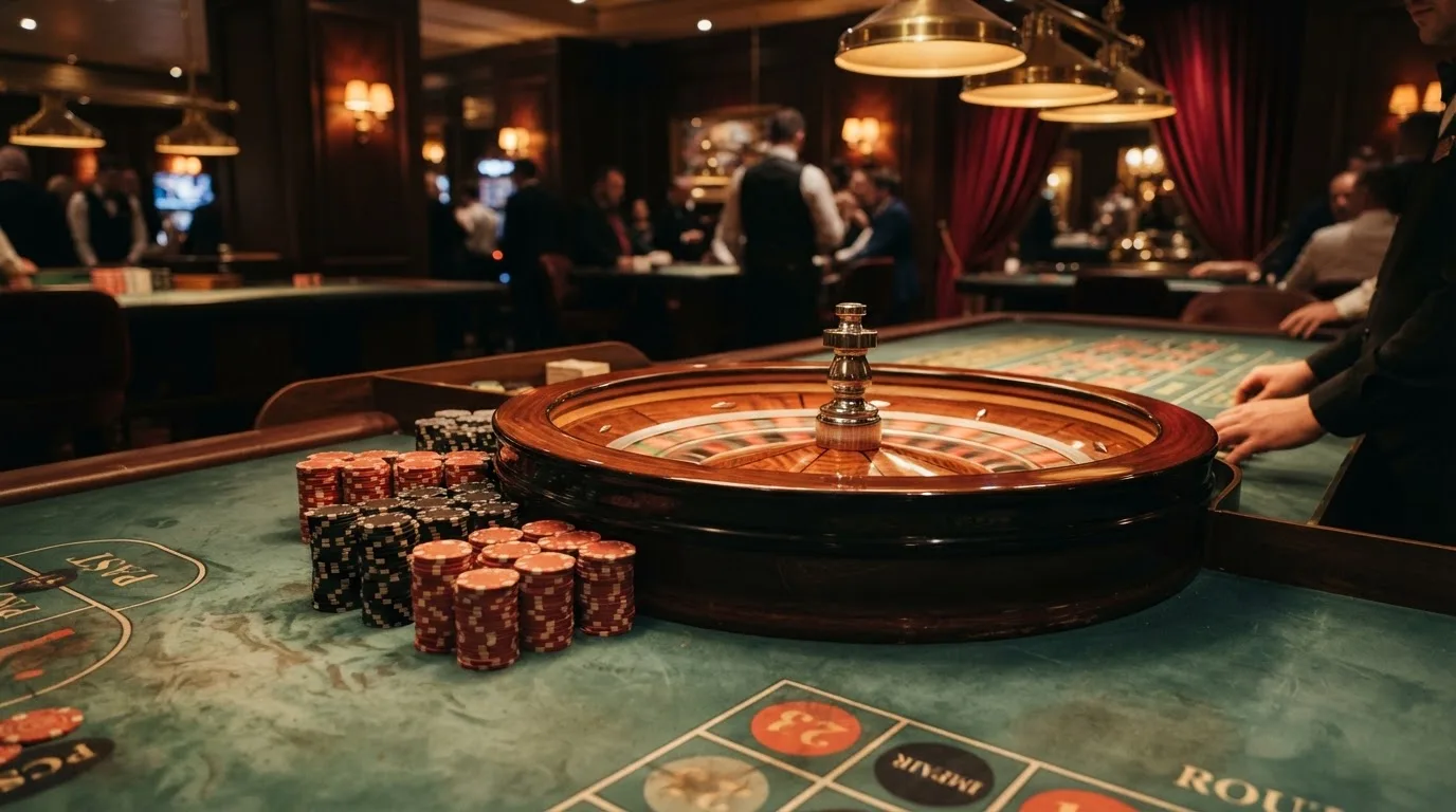 Kotač ruleta i žetoni na zelenom suknu pod toplim večernjim svjetlom — casino s apple pay u hrvatskoj