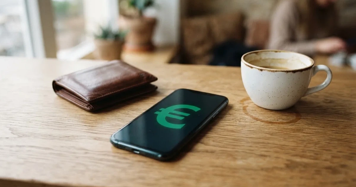 Mobitel na drvenom stolu pokraj novčanika i šalice kave — casino s bankovnim transferima