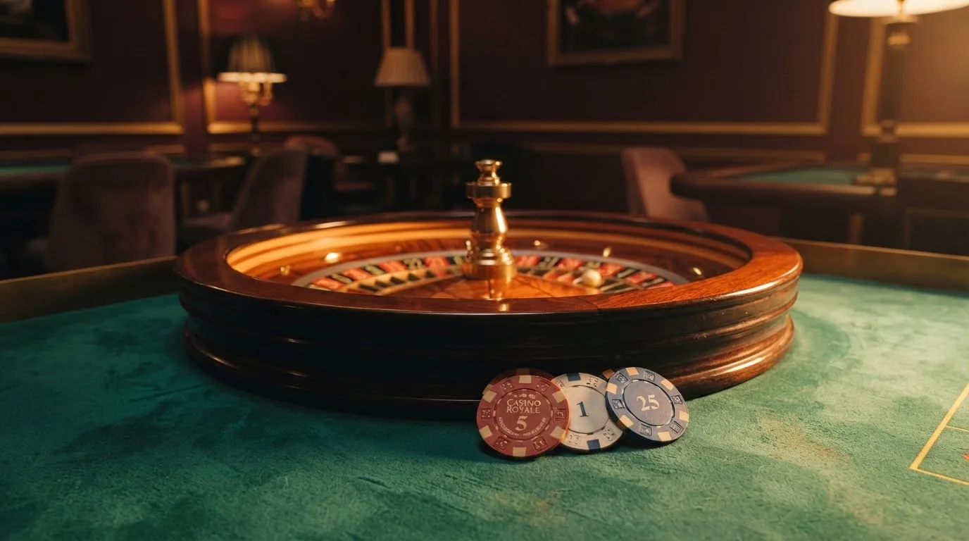 Kotač ruleta i žetoni na zelenom suknu pod toplim večernjim svjetlom — casino s bankovnim transferima