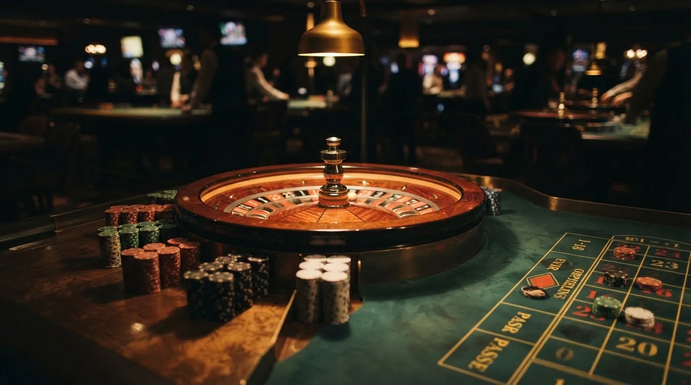 Kotač ruleta i žetoni na zelenom suknu pod toplim večernjim svjetlom — casino stranice u hrvatskoj