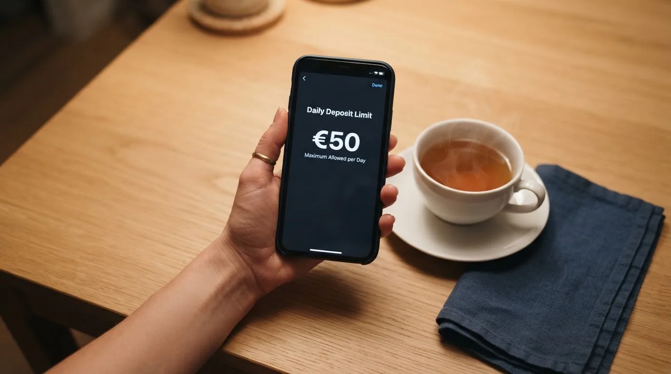 Ruka drži mobitel pokraj šalice čaja na kuhinjskom stolu u mirnu večer — cro casino u hrvatskoj