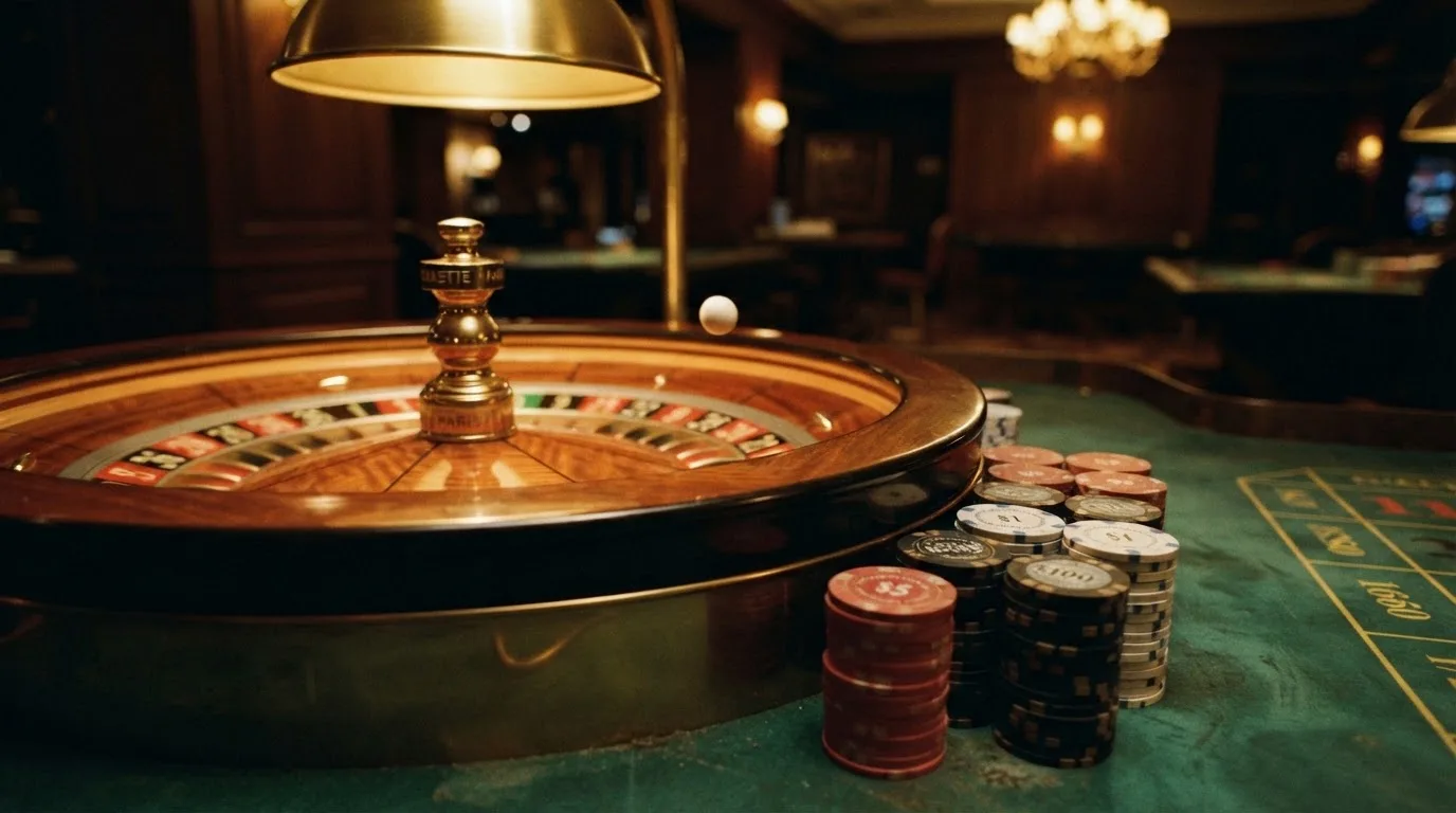 Kotač ruleta i žetoni na zelenom suknu pod toplim večernjim svjetlom — ethereum casino u hrvatskoj