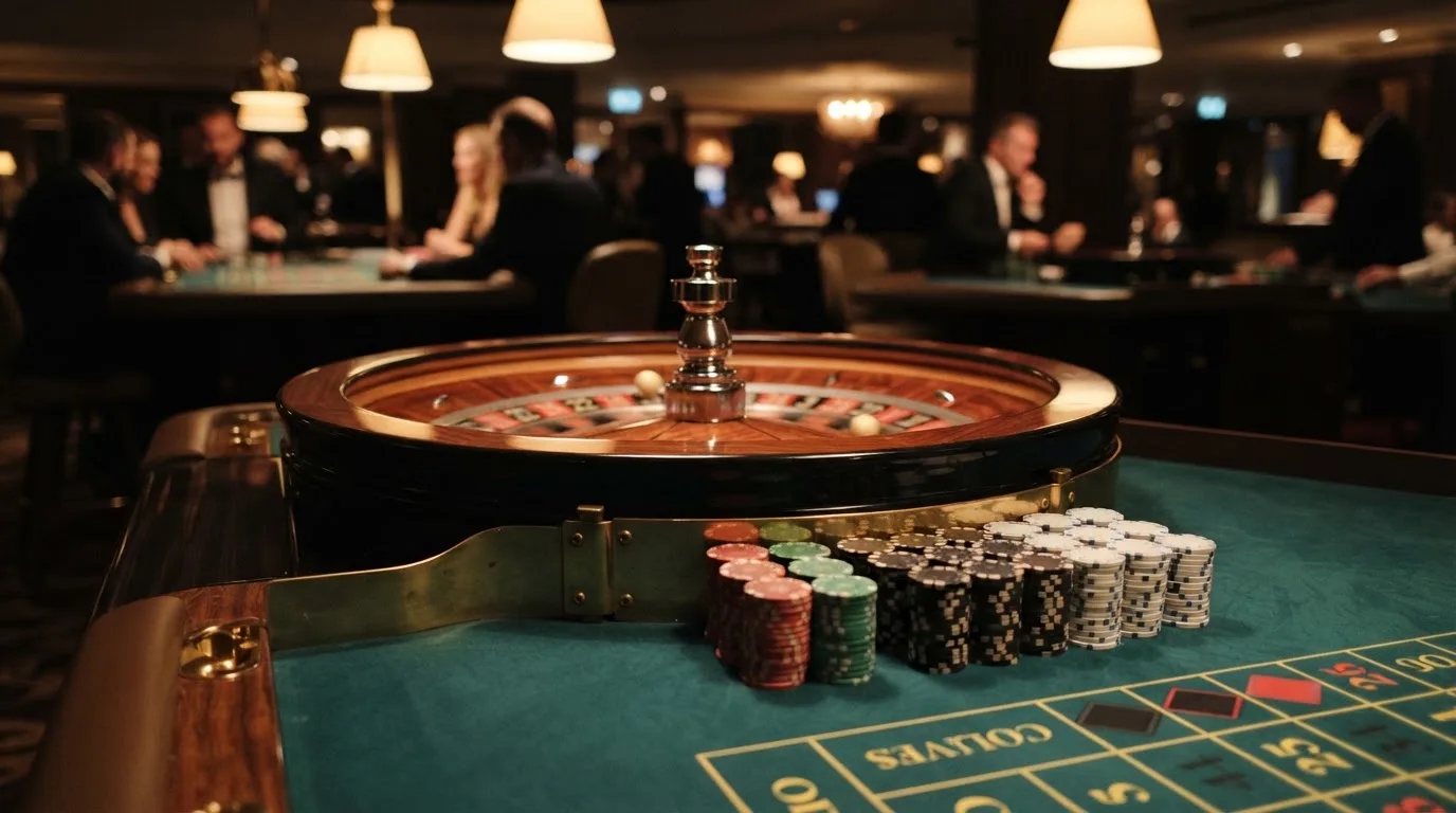 Kotač ruleta i žetoni na zelenom suknu pod toplim večernjim svjetlom — igrati blackjack u hrvatskoj