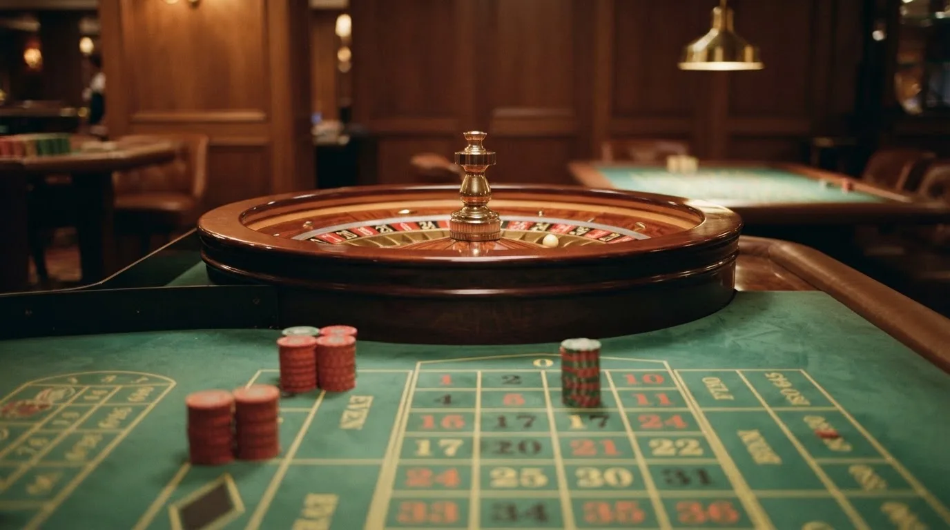 Kotač ruleta i žetoni na zelenom suknu pod toplim večernjim svjetlom — kombinacije za rulet