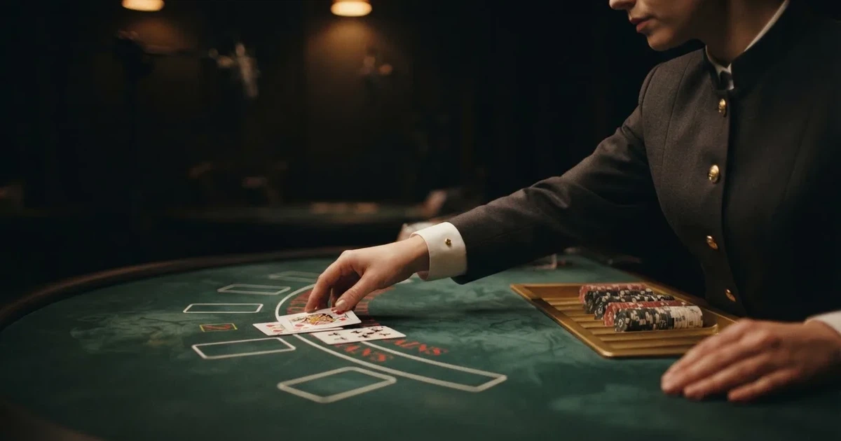 Krupije u elegantnoj uniformi dijeli karte za stolom blackjacka u studiju, snimljeno s boka pod toplim reflektorima.