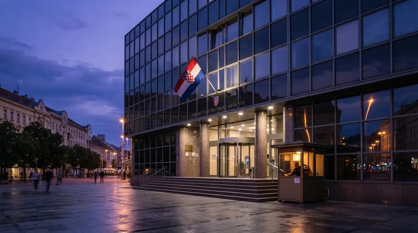 Fasada moderne državne zgrade u Zagrebu s ravnim staklenim pročeljem i hrvatskom zastavom, snimljena u sumrak.