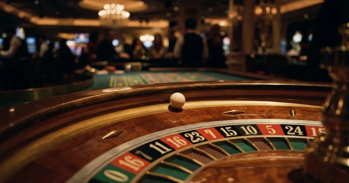 Krupni plan bijele loptice koja se vrti po rubu drvenog kotača ruleta u prigušeno osvijetljenoj dvorani.