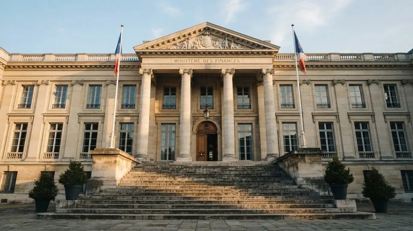 Ulaz u zgradu ministarstva u Zagrebu s kamenim stubama i zastavama, snimljen u jutarnjem svjetlu.