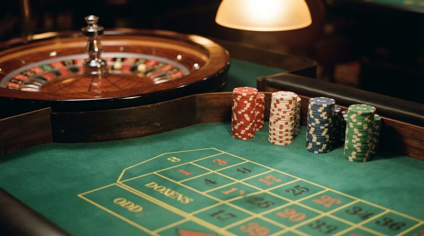 Žetoni naslagani u stupce uz rub zelenog stola, u pozadini zamućen kotač ruleta.