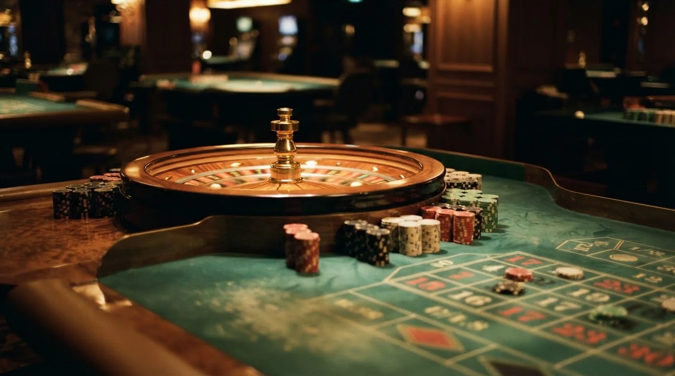 Kotač ruleta i žetoni na zelenom suknu pod toplim večernjim svjetlom — slotovi za igranje u hrvatskoj